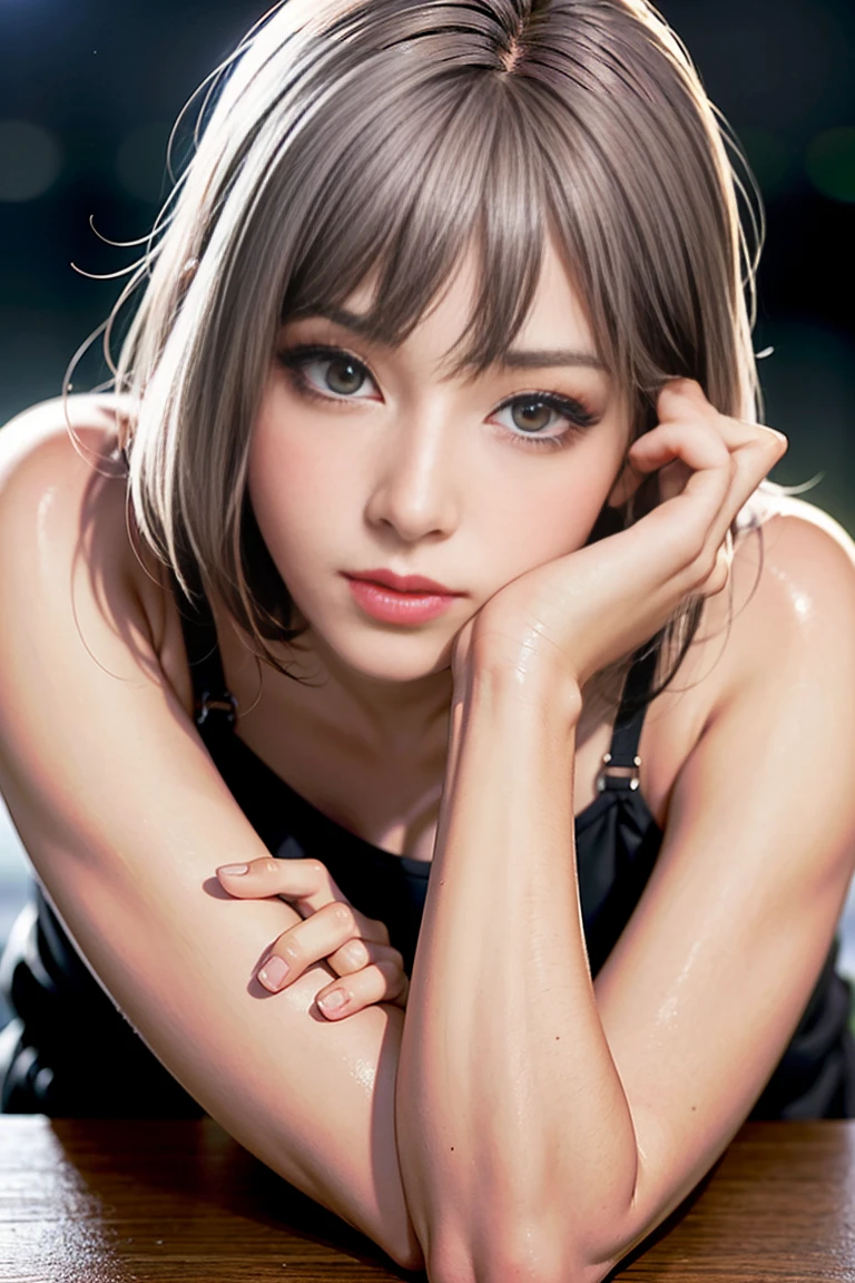 Be a pink-skinned girl, Beautiful Eyes (Red eyes) Deep as the night sky, Half a sad face lying on a table, Gray Hair, I'm watching you, In anime/Semi-realistic art style