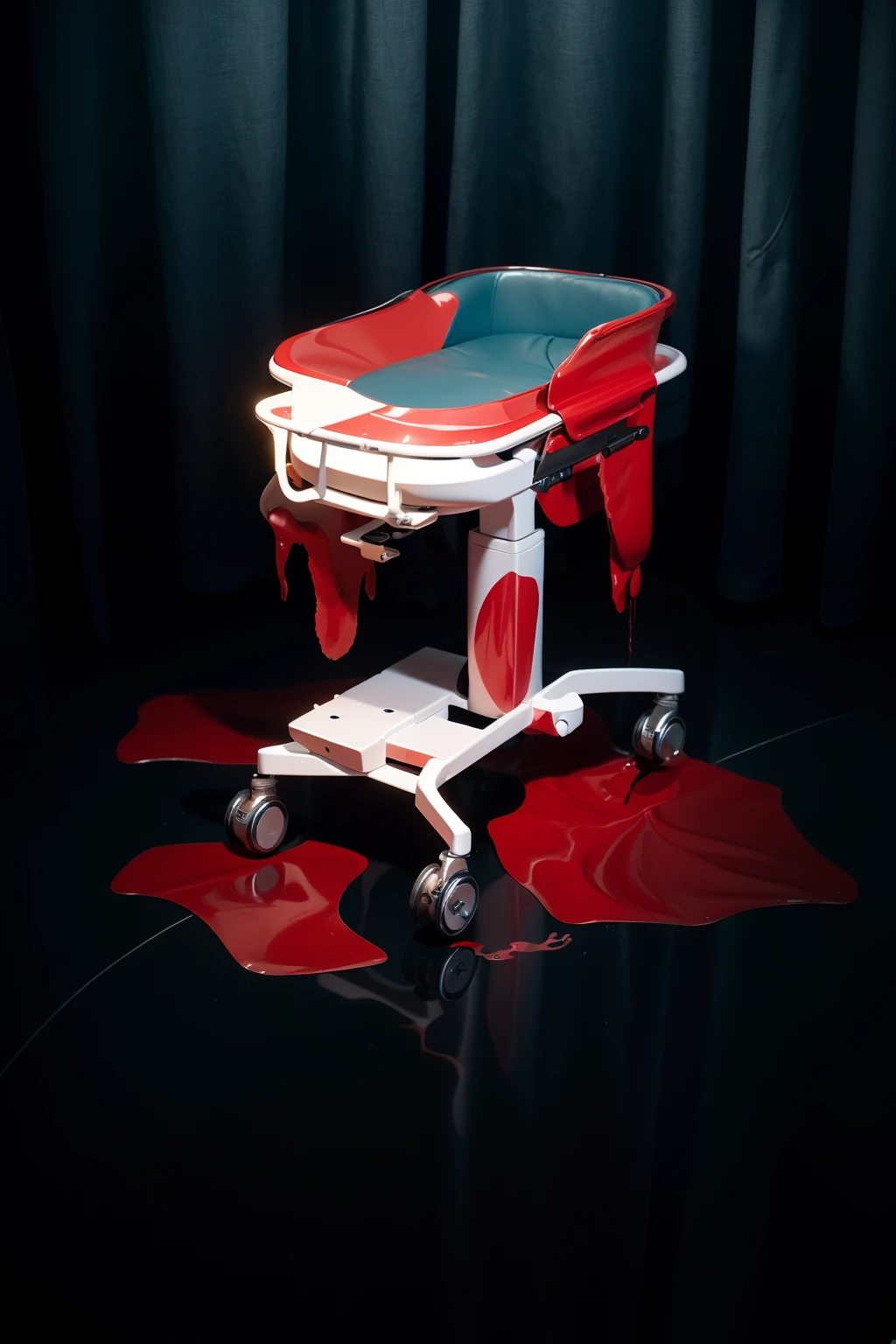 red drops of blood flow down red drops of blood flow down red drops of blood flow down red drops of blood flow down red drops of blood flow down red drops of blood flow down red drops of blood flow down red drops of blood flow downThe image presents a haunting and dramatic scene set in a dimly lit, possibly medical environment. At the center is a surgical or examination table, starkly white, splattered with vibrant red blood, which is dripping onto the floor, forming pools of various sizes. The reflection on the shiny floor enhances the ominous atmosphere, adding a chilling effect. The curtains in the background are drawn, adding to the sense of isolation and secrecy. The setting, combined with the blood and dark tones, creates a visceral sense of unease, evoking themes of horror or a crime scene.accentuated by the minimalist design and the chilling orderliness of the environment. The scene conveys a sense of quiet solitude typical of such places, where the stillness is palpable and profound.The overall composition of the image is both eye-catching and charming, effectively conveying a sense of joy and creativity.ffects render, (glossy plastic texture with multiple big light probe refractions), perfect cgi, smooth silhouette, high intensity refraction, (super glossy plastic material), most beautiful vfx, , realistic, 4k, high resolution, rim light, smooth 3d model, multiple light sources, rim light, sharp post effects render,, realistic, 4k, high resolution, rim light detailed digital art, reflective, best quality, 4k, masterpiece:1.2, ultra-detailed, realistic, vivid colors, The image of the highest quality, ensuring every detail showcased perfectly. It in 4k resolution, allowing viewers to immerse themselves in the richness of the colors and intricate details. The realistic rendering. under the spotlight, reflecting, high-resolution image, realistic rendering