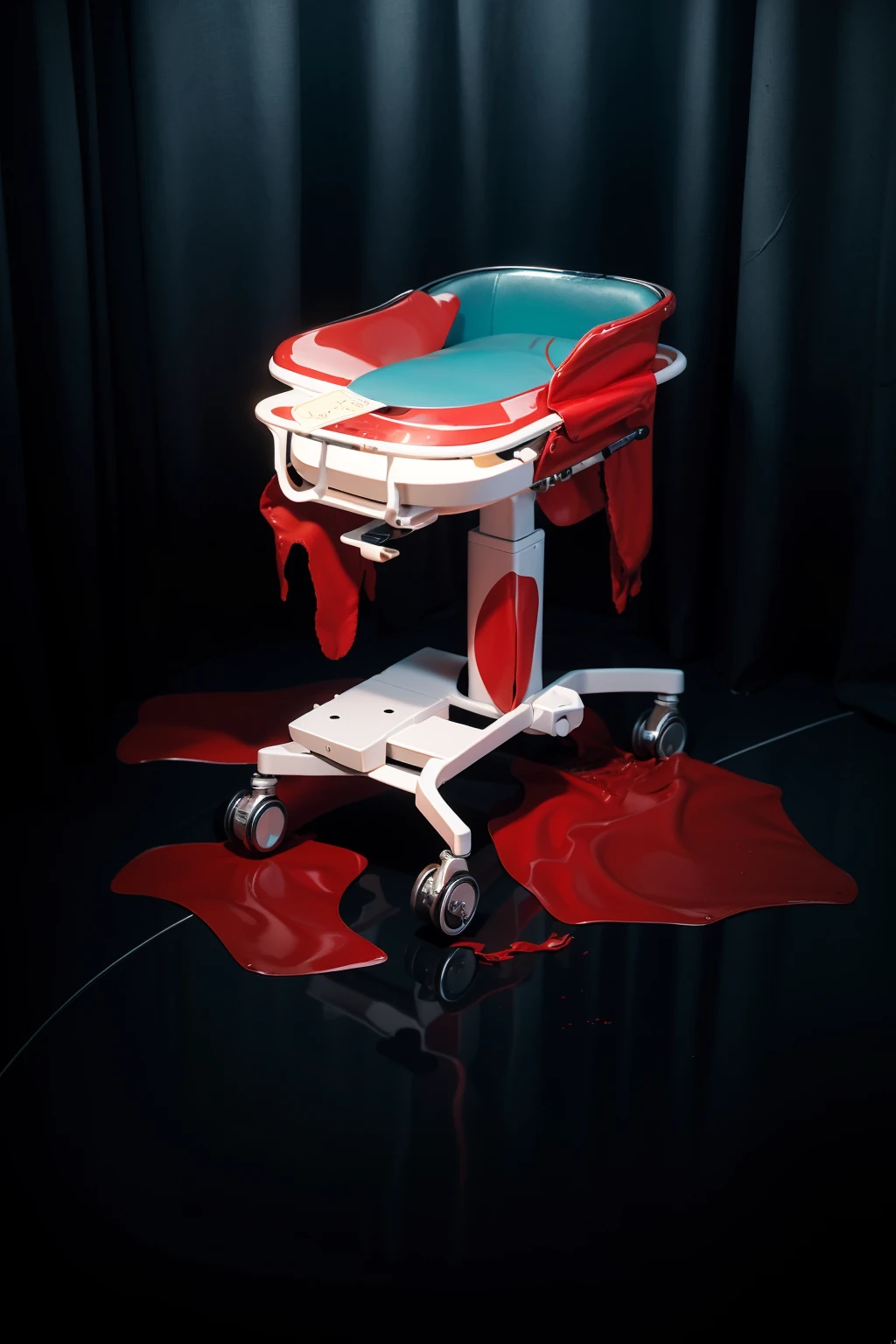 red drops of blood flow down red drops of blood flow down red drops of blood flow down red drops of blood flow down red drops of blood flow down red drops of blood flow down red drops of blood flow down red drops of blood flow downThe image presents a haunting and dramatic scene set in a dimly lit, possibly medical environment. At the center is a surgical or examination table, starkly white, splattered with vibrant red blood, which is dripping onto the floor, forming pools of various sizes. The reflection on the shiny floor enhances the ominous atmosphere, adding a chilling effect. The curtains in the background are drawn, adding to the sense of isolation and secrecy. The setting, combined with the blood and dark tones, creates a visceral sense of unease, evoking themes of horror or a crime scene.accentuated by the minimalist design and the chilling orderliness of the environment. The scene conveys a sense of quiet solitude typical of such places, where the stillness is palpable and profound.The overall composition of the image is both eye-catching and charming, effectively conveying a sense of joy and creativity.ffects render, (glossy plastic texture with multiple big light probe refractions), perfect cgi, smooth silhouette, high intensity refraction, (super glossy plastic material), most beautiful vfx, , realistic, 4k, high resolution, rim light, smooth 3d model, multiple light sources, rim light, sharp post effects render,, realistic, 4k, high resolution, rim light detailed digital art, reflective, best quality, 4k, masterpiece:1.2, ultra-detailed, realistic, vivid colors, The image of the highest quality, ensuring every detail showcased perfectly. It in 4k resolution, allowing viewers to immerse themselves in the richness of the colors and intricate details. The realistic rendering. under the spotlight, reflecting, high-resolution image, realistic rendering