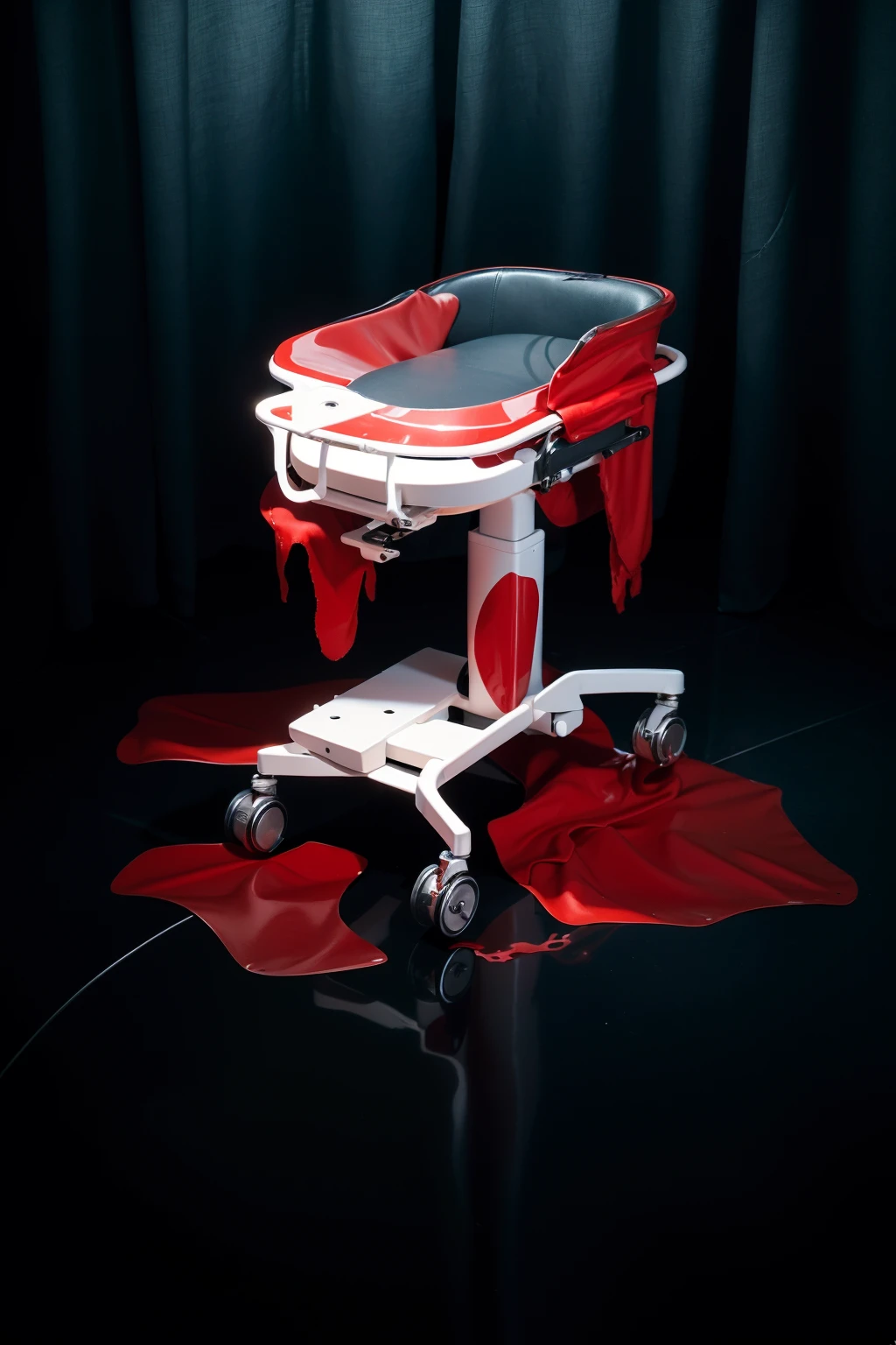 red drops of blood flow down red drops of blood flow down red drops of blood flow down red drops of blood flow down red drops of blood flow down red drops of blood flow down red drops of blood flow down red drops of blood flow downThe image presents a haunting and dramatic scene set in a dimly lit, possibly medical environment. At the center is a surgical or examination table, starkly white, splattered with vibrant red blood, which is dripping onto the floor, forming pools of various sizes. The reflection on the shiny floor enhances the ominous atmosphere, adding a chilling effect. The curtains in the background are drawn, adding to the sense of isolation and secrecy. The setting, combined with the blood and dark tones, creates a visceral sense of unease, evoking themes of horror or a crime scene.accentuated by the minimalist design and the chilling orderliness of the environment. The scene conveys a sense of quiet solitude typical of such places, where the stillness is palpable and profound.The overall composition of the image is both eye-catching and charming, effectively conveying a sense of joy and creativity.ffects render, (glossy plastic texture with multiple big light probe refractions), perfect cgi, smooth silhouette, high intensity refraction, (super glossy plastic material), most beautiful vfx, , realistic, 4k, high resolution, rim light, smooth 3d model, multiple light sources, rim light, sharp post effects render,, realistic, 4k, high resolution, rim light detailed digital art, reflective, best quality, 4k, masterpiece:1.2, ultra-detailed, realistic, vivid colors, The image of the highest quality, ensuring every detail showcased perfectly. It in 4k resolution, allowing viewers to immerse themselves in the richness of the colors and intricate details. The realistic rendering. under the spotlight, reflecting, high-resolution image, realistic rendering