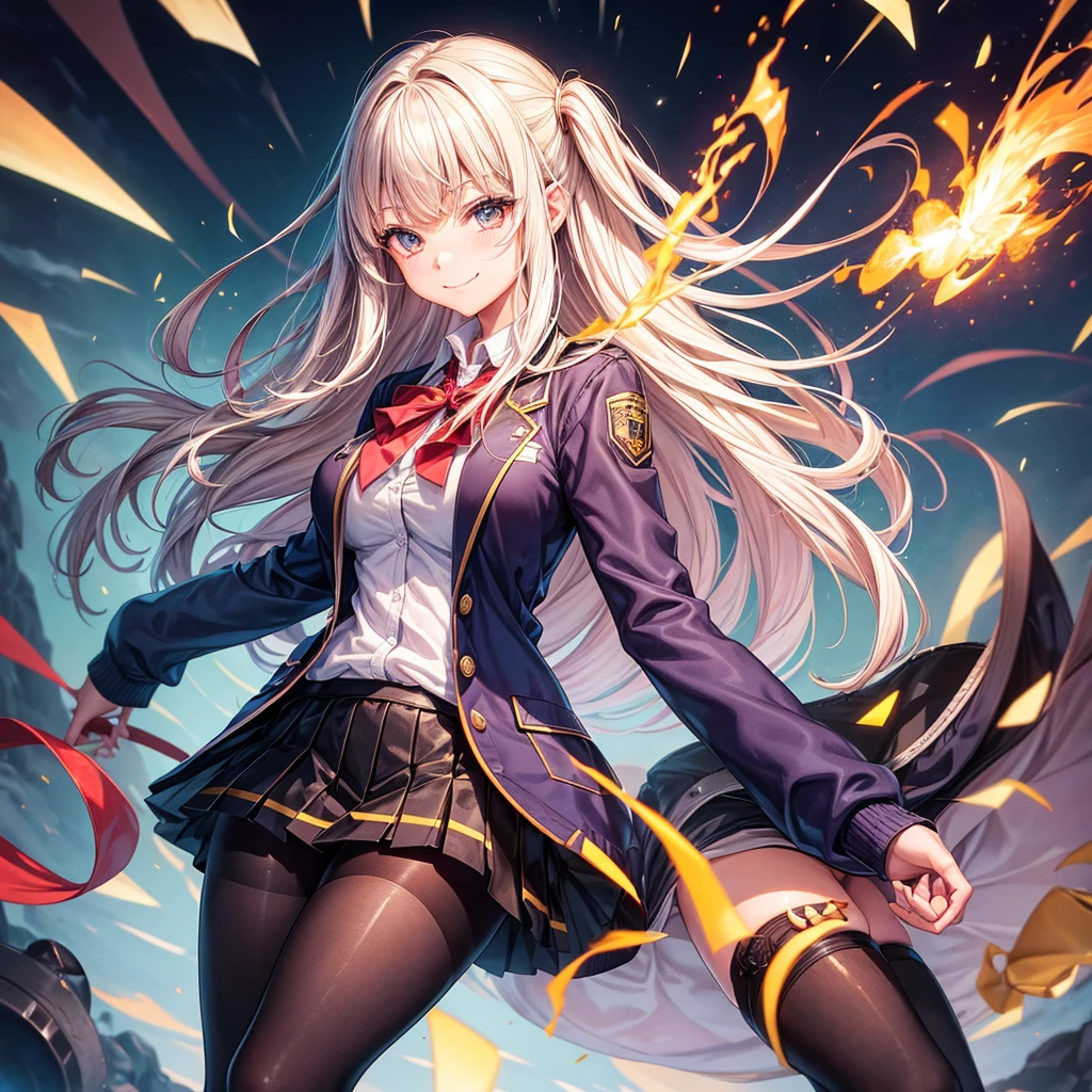 Best Quality，middle School girls，Superpowered girl，Pyrokinesis，Fire User，smile，Highest quality，Big Breasts，Cute uniform，She has her bangs down，blazer，Academy，cardigan，Beautiful girls，Horny girl，Naughty Girlasterpiece，perfection，Long Hair，tights，perfectionに描かれている