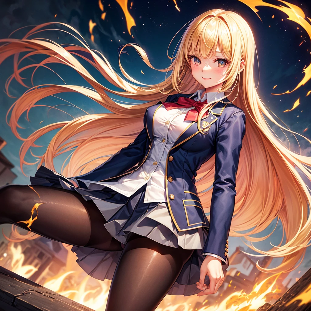 Best Quality，middle School girls，Superpowered girl，Pyrokinesis，Fire User，smile，Highest quality，Big Breasts，Cute uniform，She has her bangs down，blazer，Academy，cardigan，Beautiful girls，Horny girl，Naughty Girlasterpiece，perfection，Long Hair，tights，perfectionに描かれている