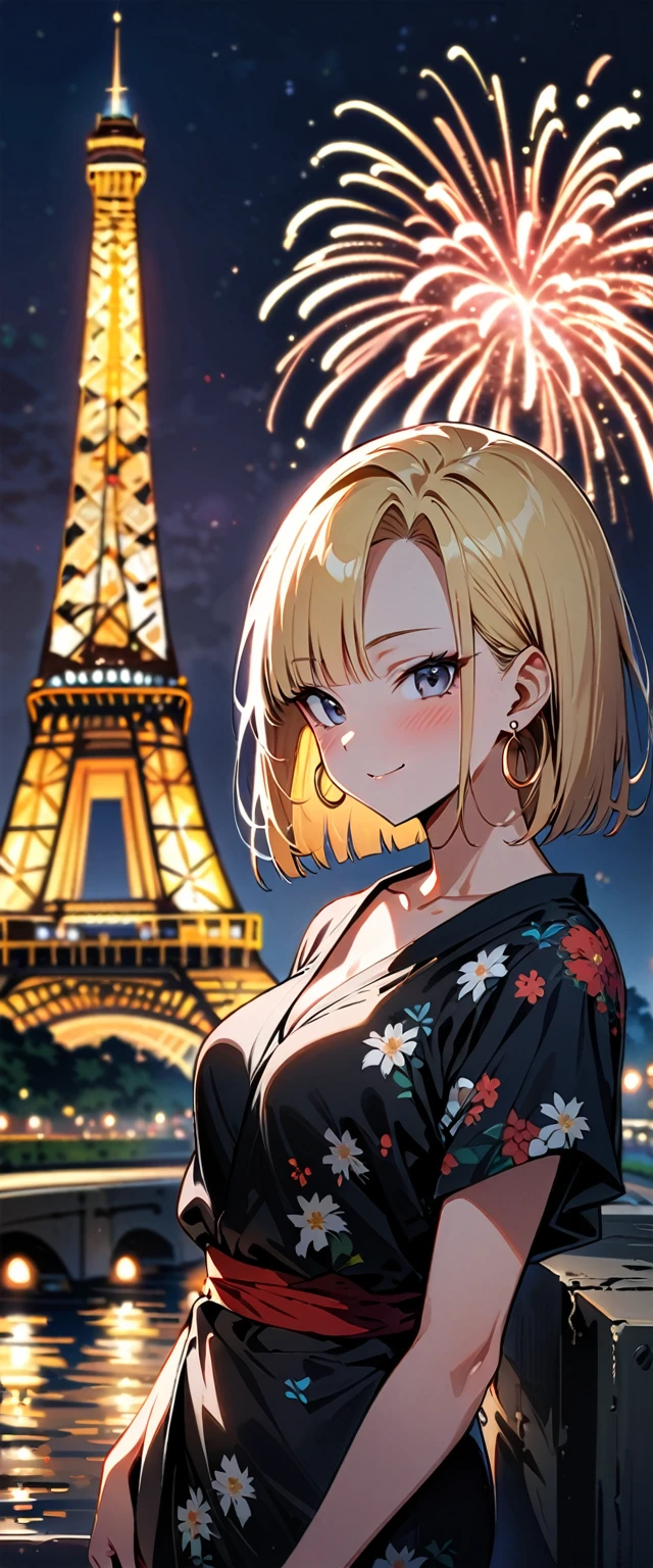 (masterpiece, best quality:1.2),1girl, (solo), Android 18 from Dragon Ball, ((floral print black kimono)), medium breasts, blunt bangs, blonde short hair, black eyes, earrings on earlobes, slim, slender feminine figure, skinny body, blush, magnificent view, blur background, 4K, the Eiffel Tower, firework, collarbone, looking at fireworks, riverside, smile,