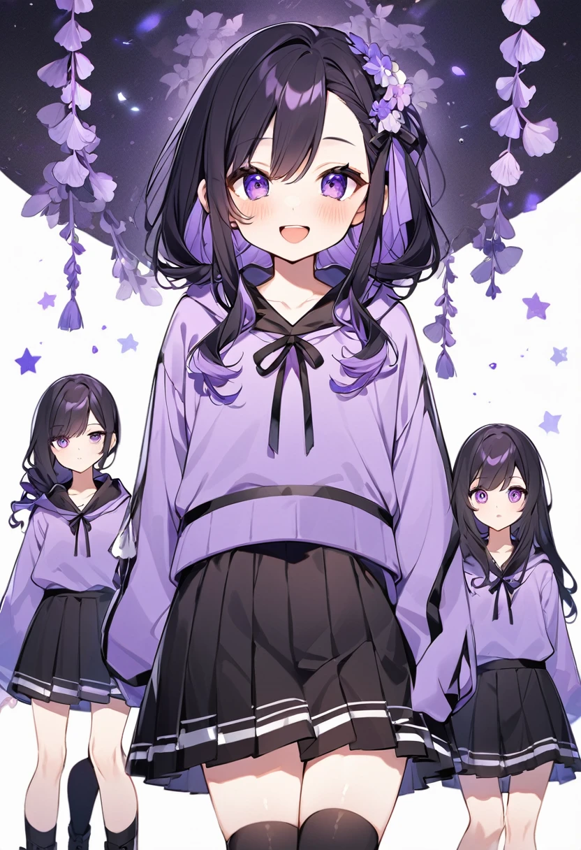 Keito。Purple hoodie。Black Skirt。Purple Eyes。Black Hair。Black shoes下。Black shoes。6 sistery eldest daughter has lavender hair.。all female。Sextuplets