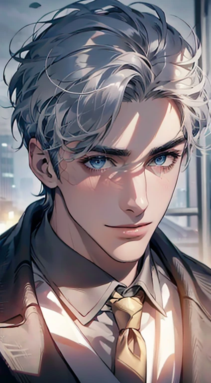 (Highest quality,4K,8K,High resolution,masterpiece:1.2),Super detailed,(Realistic,photoRealistic,photo-Realistic:1.37),1 person,31 years old,Mature Men,Beautiful skin、Profile、very handsome,Expressionless,smile,Short gray blue hair,blue eyes,Sharp Eyes,A perfect face without a doubt,Businessman,Office Background,Cinema Lighting,HDR image,tie、