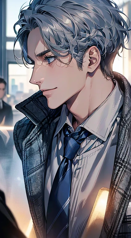 (Highest quality,4K,8K,High resolution,masterpiece:1.2),Super detailed,(Realistic,photoRealistic,photo-Realistic:1.37),1 person,31 years old,Mature Men,Beautiful skin、Profile、very handsome,Expressionless,smile,Short gray blue hair,blue eyes,Sharp Eyes,A perfect face without a doubt,Businessman,Office Background,Cinema Lighting,HDR image,tie、
