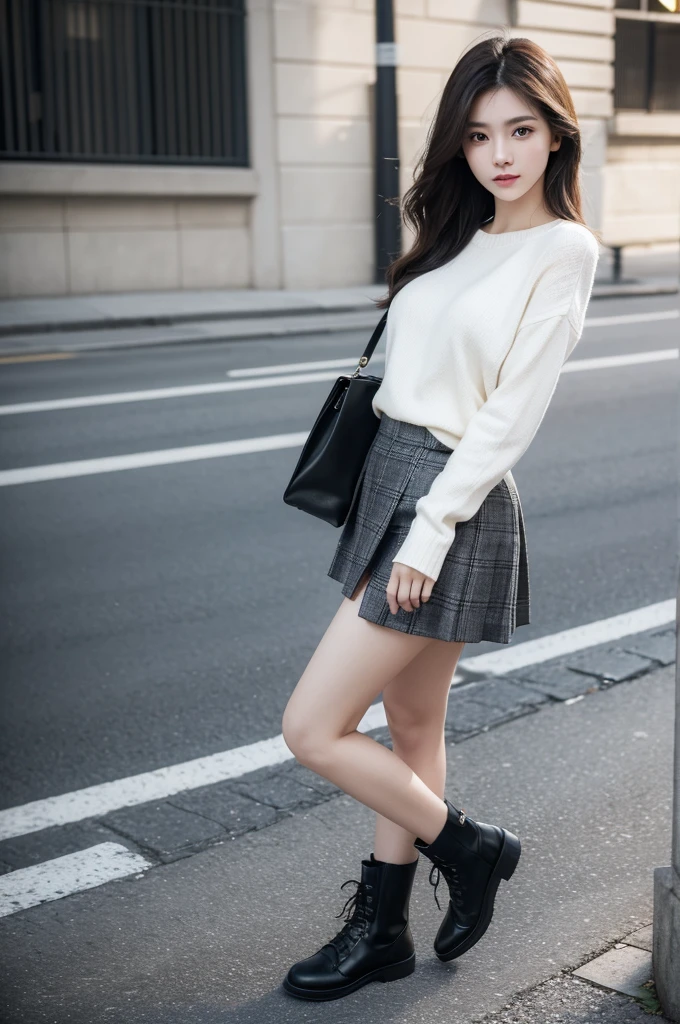 a beautiful young woman, full body shot, extremely detailed face and eyes, flawless skin, long eyelashes, delicate features, serene expression, cut lighting, warm color tones, photorealistic, 8k, best quality, masterpiece. wearing black and white checked miniskirt. waling on the pavement.
