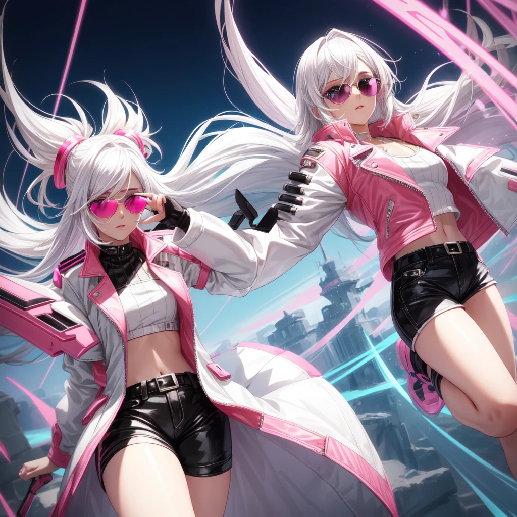 (Very detailed CG unified 16k wallpaper:1.1), (Denoising Strength: 1.45), 1girl, cryptic_g, purple eyes, silver hair, gradient hair, twin braided hair,Dark purple with white hair, Fluorescent violet,, Beautiful and detailed cyberpunk city, Beautiful and delicate light, (2 girls), Black short hair,Poker face, Cold expression, crazy, Sporty, Very detailed, Lots of details, HD semi-realistic anime CG concept art digital, illustration, Glowing lights, (masterpiece:1.37), masterpiece, best quality