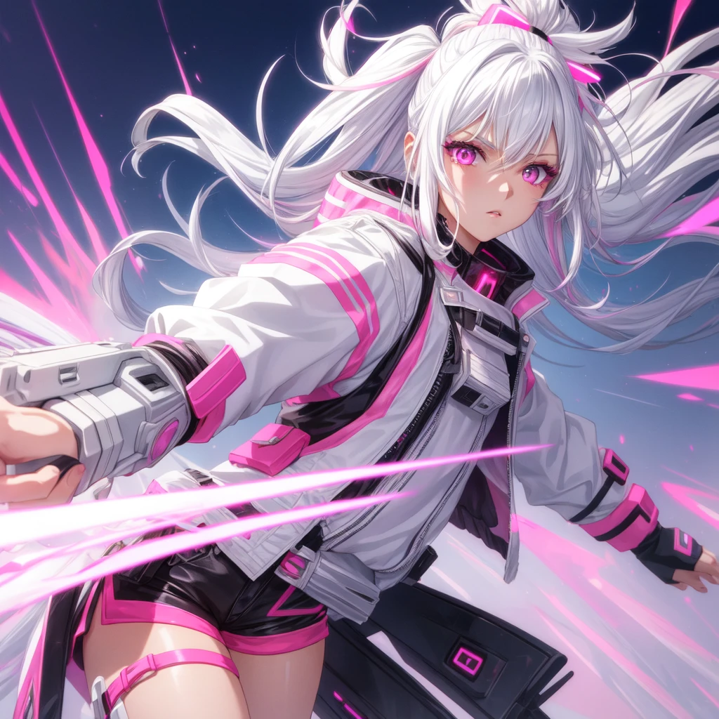 a very pretty girl,tower of fantasy,white hair with pink gradient tips ,bright eyes neon pink , futoristic black shorts,white leather jacket ,futuristic guns,cool ,Sunglasses,in battle , epics , ultra realistic anime style, HDR, 12 k