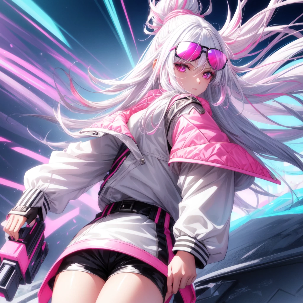 a very pretty girl,tower of fantasy,white hair with pink gradient tips ,bright eyes neon pink , futoristic black shorts,white leather jacket ,futuristic guns,cool ,Sunglasses,in battle , epics , ultra realistic anime style, HDR, 12 k