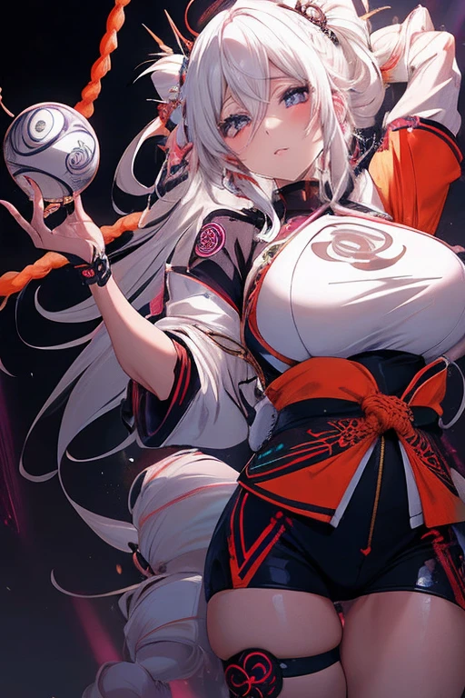 ((best qualityer)), ((work of art)), ((realisitic)) and ultra-detailed pPanasography, Tsuande, Pretty Girl Tsunade de Naruto, Bela , light yellow hair, party, neon lig. She has large ((White hair)), usand a (Top Tech-Wear) and a (black rope, red pattern:1.2) , ((beautiful and aesthetic)), sensuous, breasts big, Panas, breasts big, Eigaka E6
