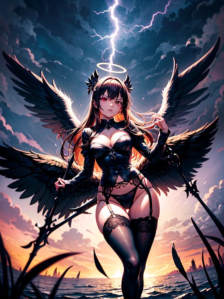 Highest quality,Highest Resolution,Beautiful girl with angry face in gothic lolita leotard,High leg,(((Floating in the air))),Halo,Night Sky,Severe lightning strike,Thick Lightning,Very beautiful red eyes,rain,(((Black angel wings on the back))),whole body,front,Purple long hair,In hand１with two big spears,Knee-high stockings,garter belt,Floating in the air,darkness,