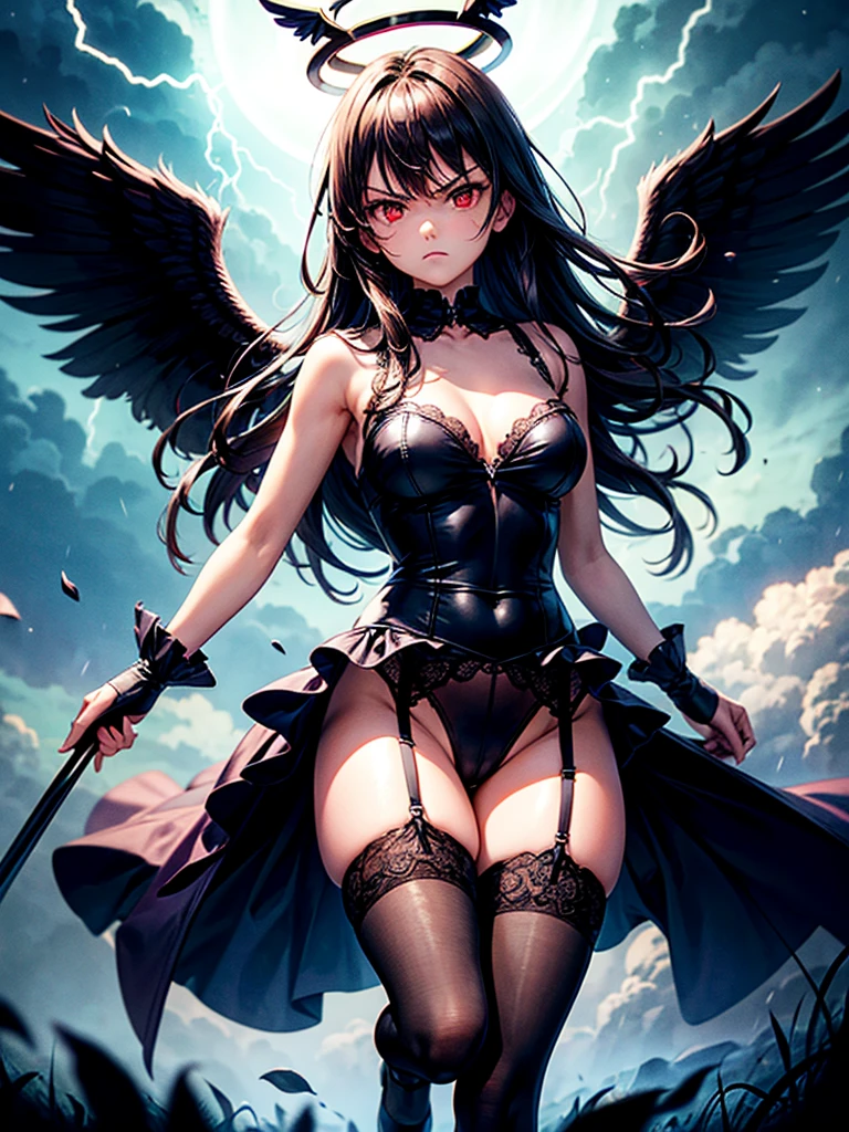Highest quality,Highest Resolution,Beautiful girl with angry face in gothic ta leotard,High leg,(((Floating in the air))),Halo,Night Sky,Severe lightning strike,Thick Lightning,Very beautiful red eyes,rain,(((Black angel wings on the back))),whole body,front,Purple long hair,In hand1with two big spears,Knee-high stockings,garter belt,Floating in the air,darkness,