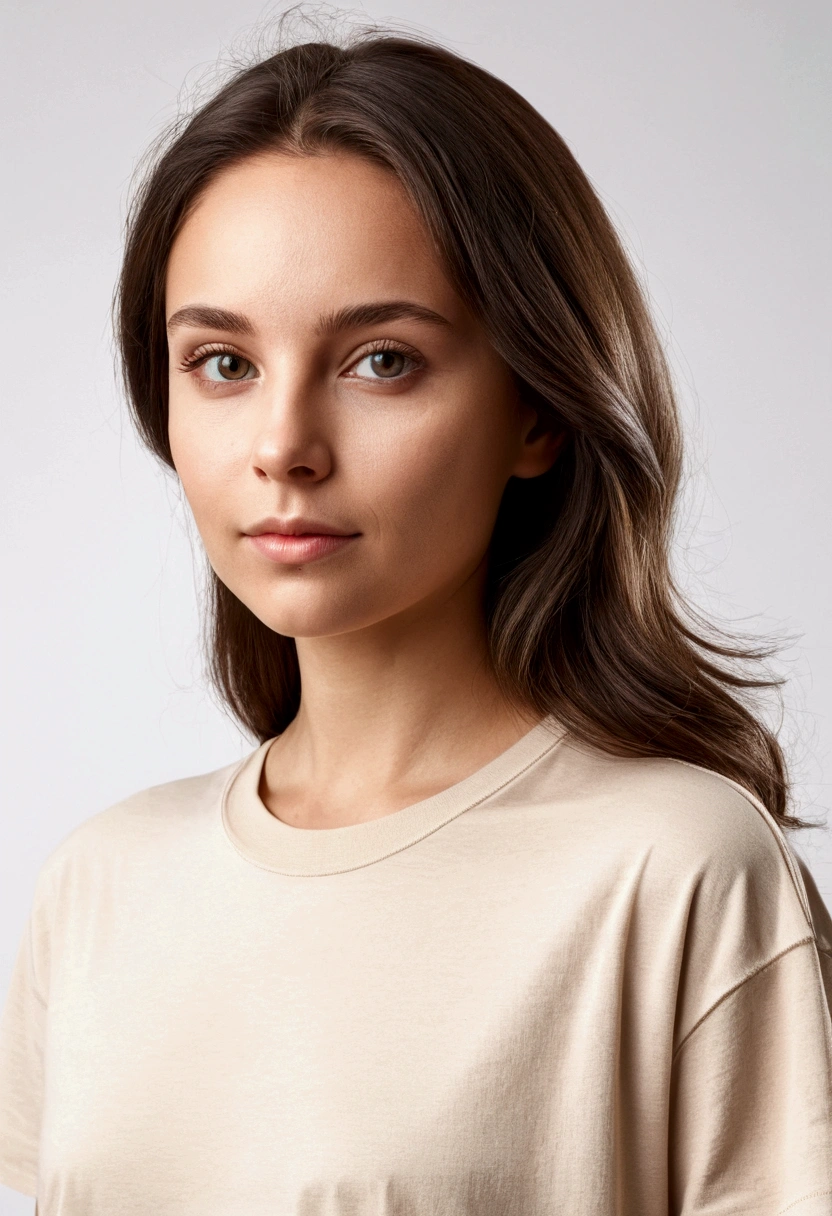 make a young brunette wearing a looser light beige t-shirt, A realistic photo, on a white studio background, the front part.