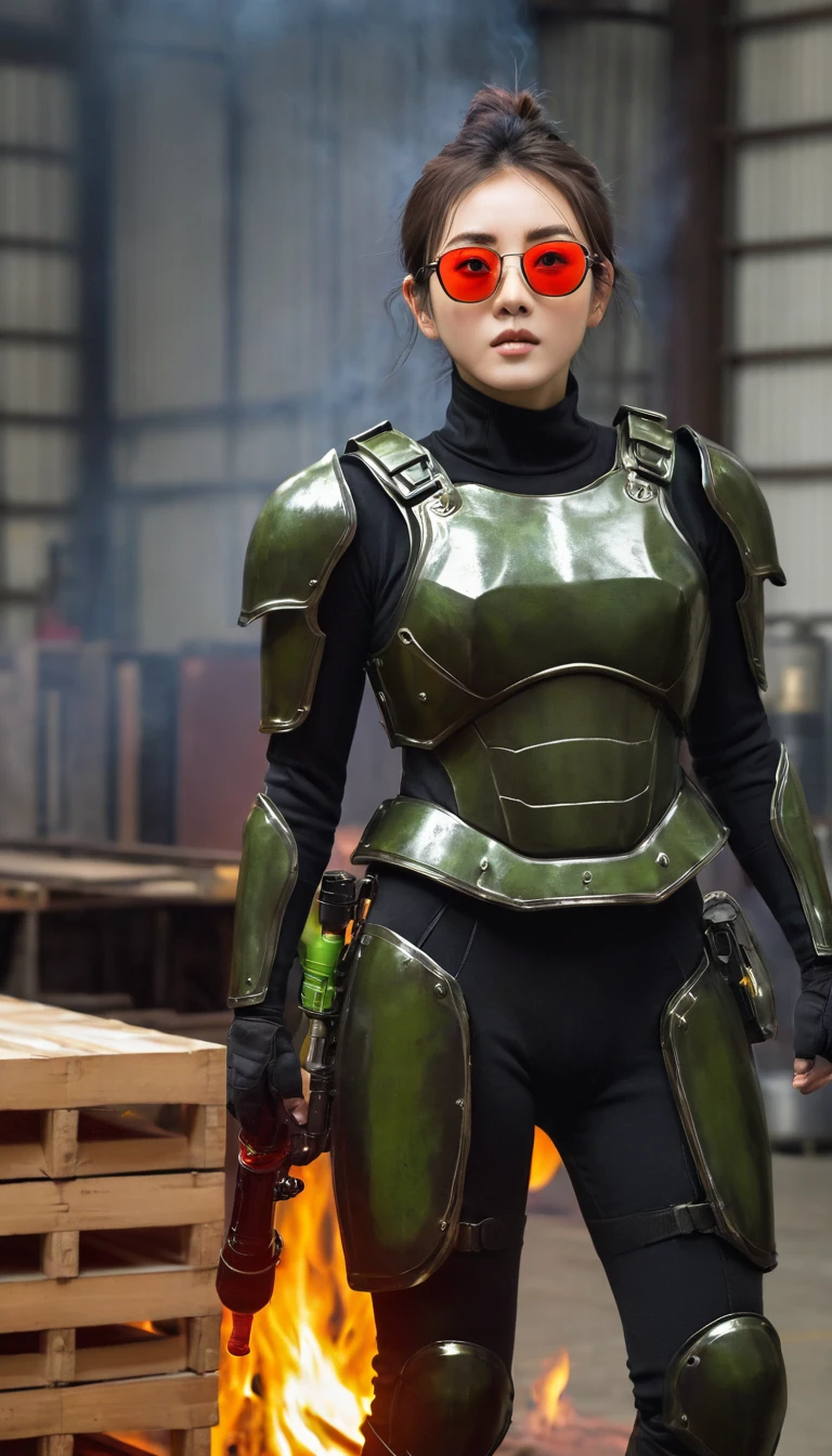 Ridiculous resolution, high resolution, (masterpiece: 1.4), Ultra Detail, and moss, Black Armor, Large warehouses, open eyes, Red glasses, Facing the camera, fire, Body Power Furnace Heat, 机械臂上冒着fire焰和白烟