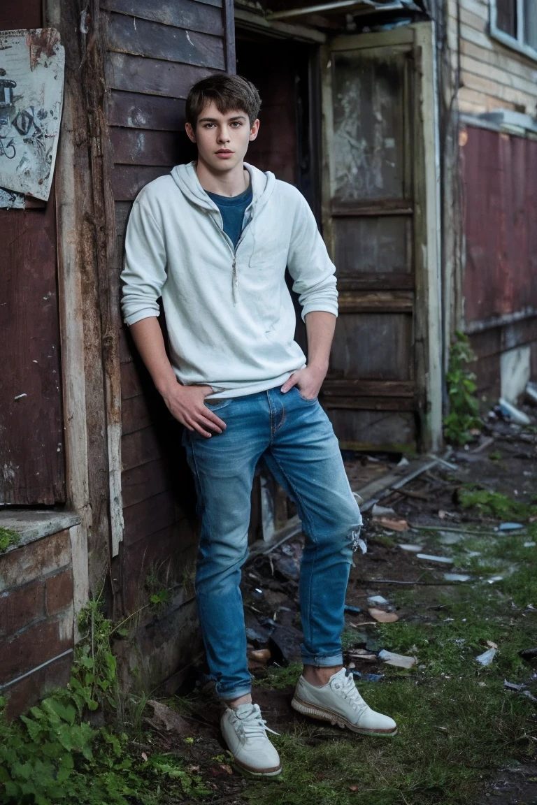 Realistic photo of solo handsome teenage men ,Standing on the wall of an abandoned building ,night