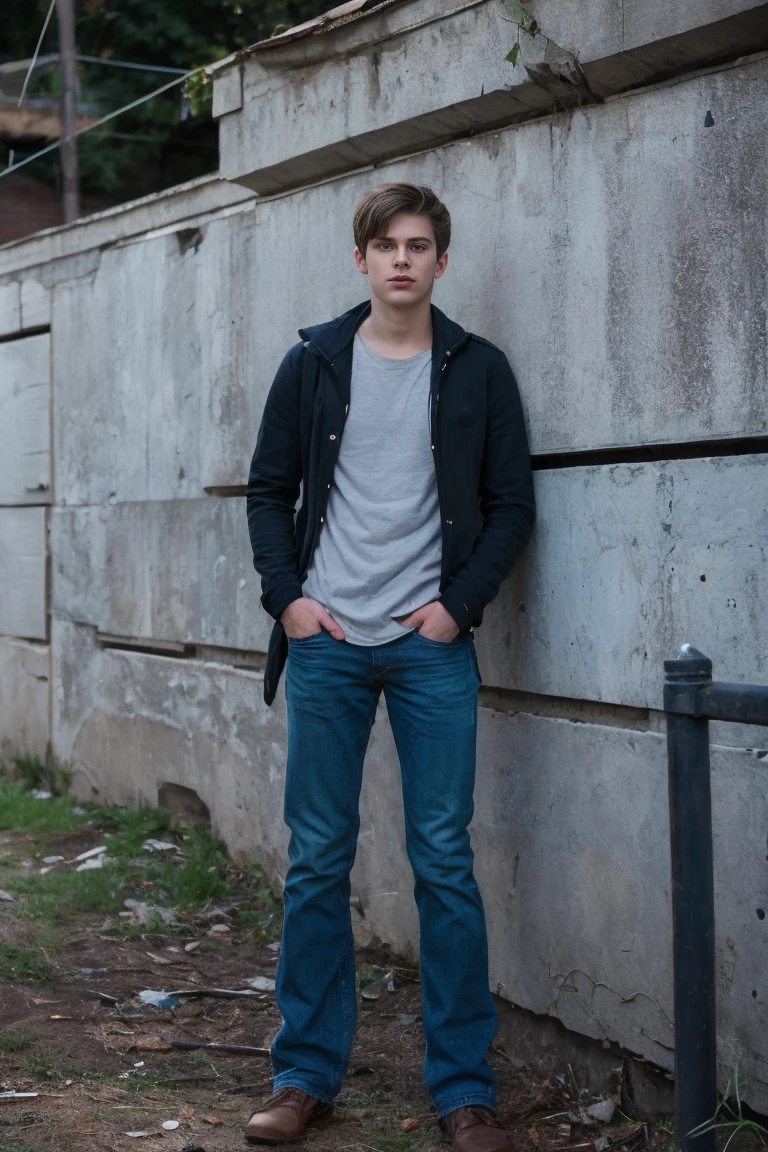 Realistic photo of solo handsome teenage men ,Standing on the wall of an abandoned building ,night