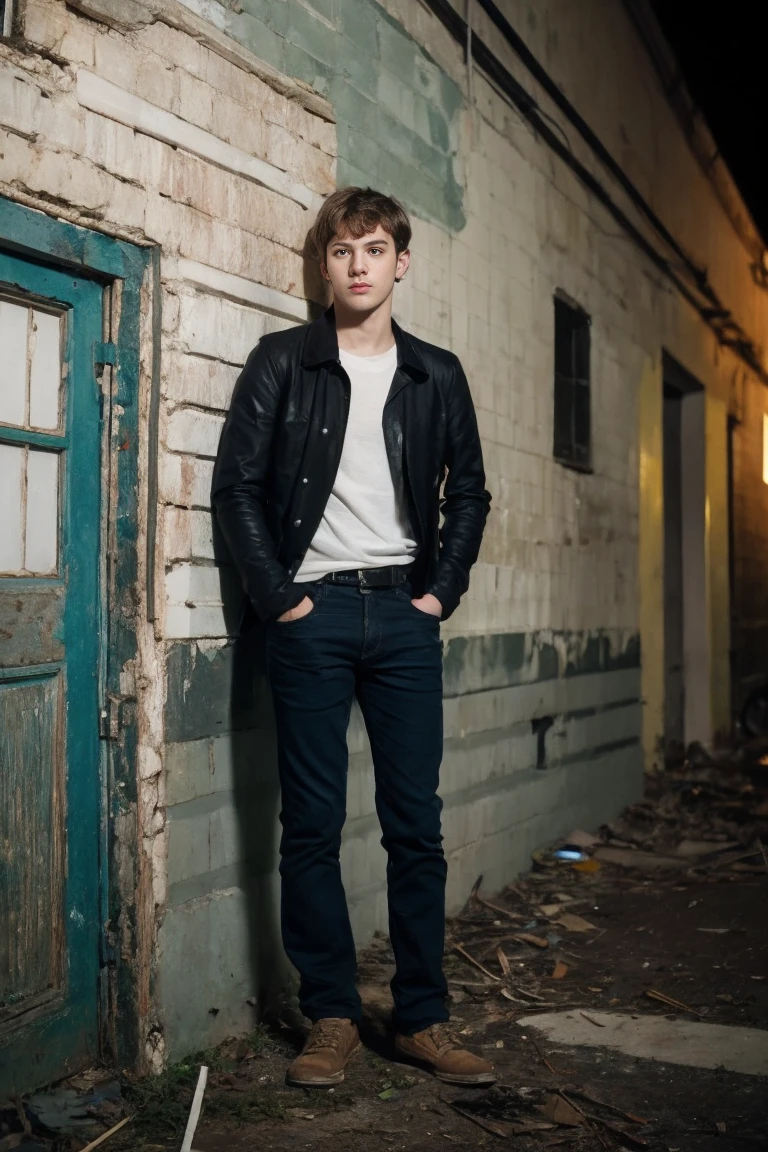 Realistic photo of solo handsome teenage men ,Standing on the wall of an abandoned building ,night