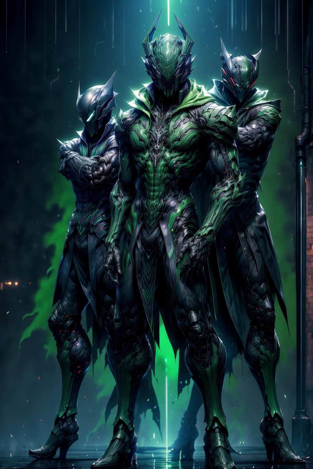 a man in a green jacket and black pants standing in a dark room, wearing cultist green robe, green attire, character from mortal kombat, as a character in tekken, fighting game character, cyberpunk assassin, green hooded mage, cyberpunk outfits, green clothes, the green ninja, wearing leather assassin armor, an edgy assassin, cool green jacket, cyberpunk street goon