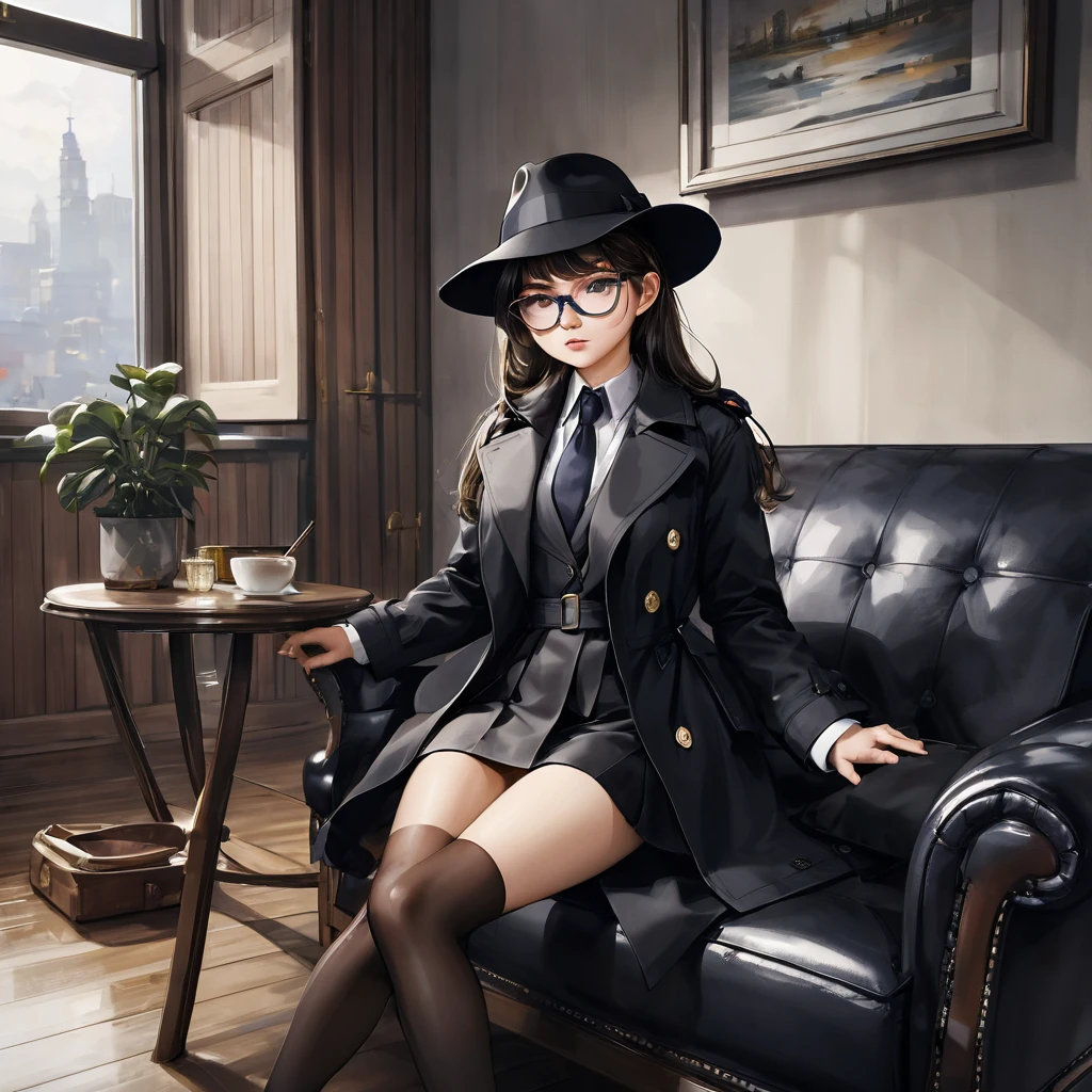 masterpiece, best quality, 8k,1 girl ( black trench coat, suit, skirt, fedora, glasses, cross-legged, sitting on sofa, necktie, right hand hold magnifier:1.2, serious), ( table, papers on table ), window, ofice background,