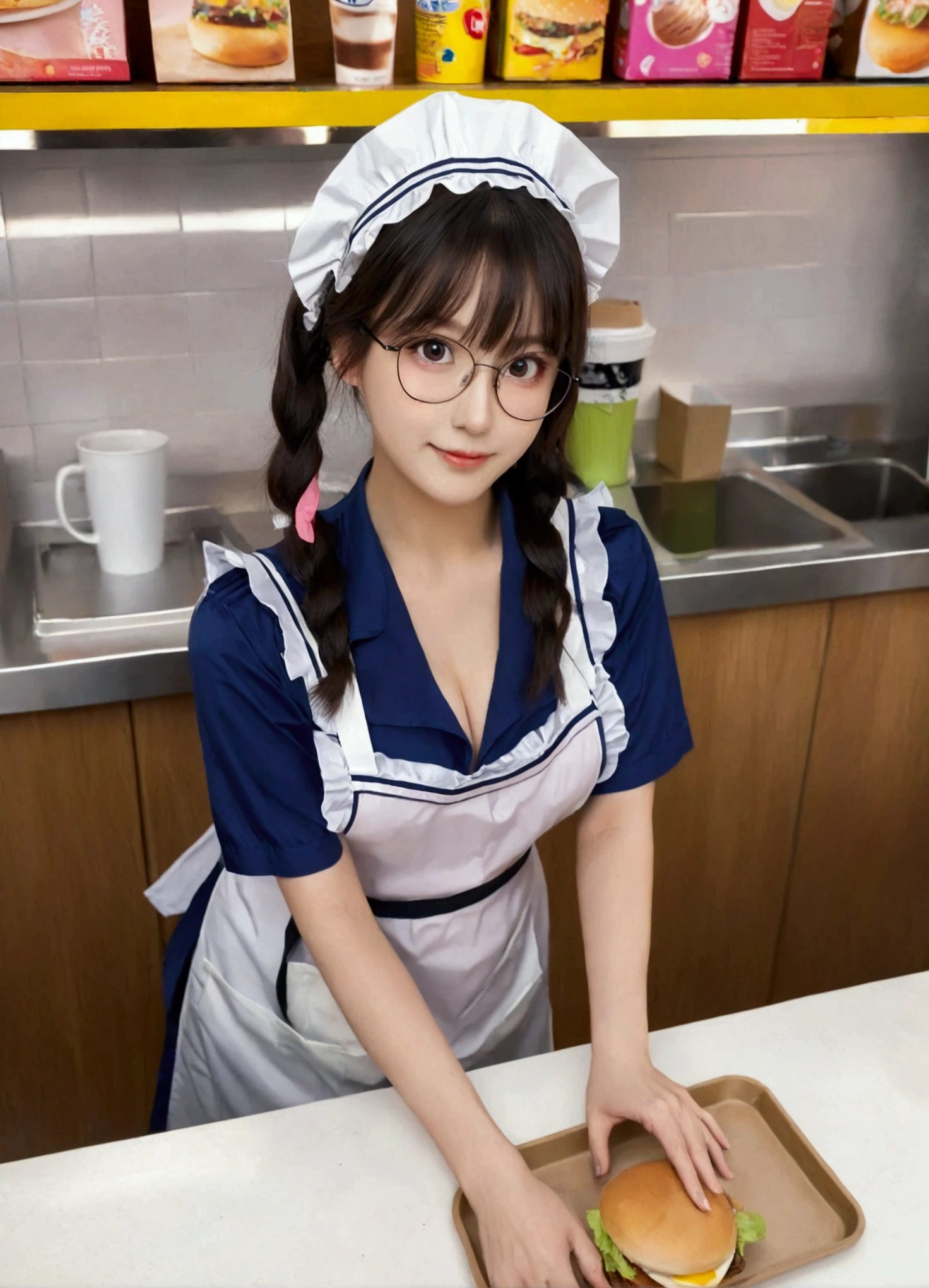 1girl,a lovely girl wearing black blouse and pink waist apron, black hair and long twin tails, parted bangs, behind McDonald’s counter, happy face, calling for clients to fetch the food on the counter, there are a hamburger, French fried, cup of coffee on the tray on the counter. Cheerful atmosphere. Chibi, adorable kawaii. PVC action figure, stunning photo. Delicate lighting and shadows of product photography, Best quality, ultra high res, disposable cup, nipples, looking at viewer, nervous sweating, sweat, apron, discord logo, black eyes, nipple slip, implied yuri, waist apron, bendy straw, downblouse, huge breasts, artist name, maid headdress, cleavage, glasses, medium hair, covered nipples, sideboob, no bra, w arms, solo, breasts, tray,masterpiece, (nsfw:0.5)