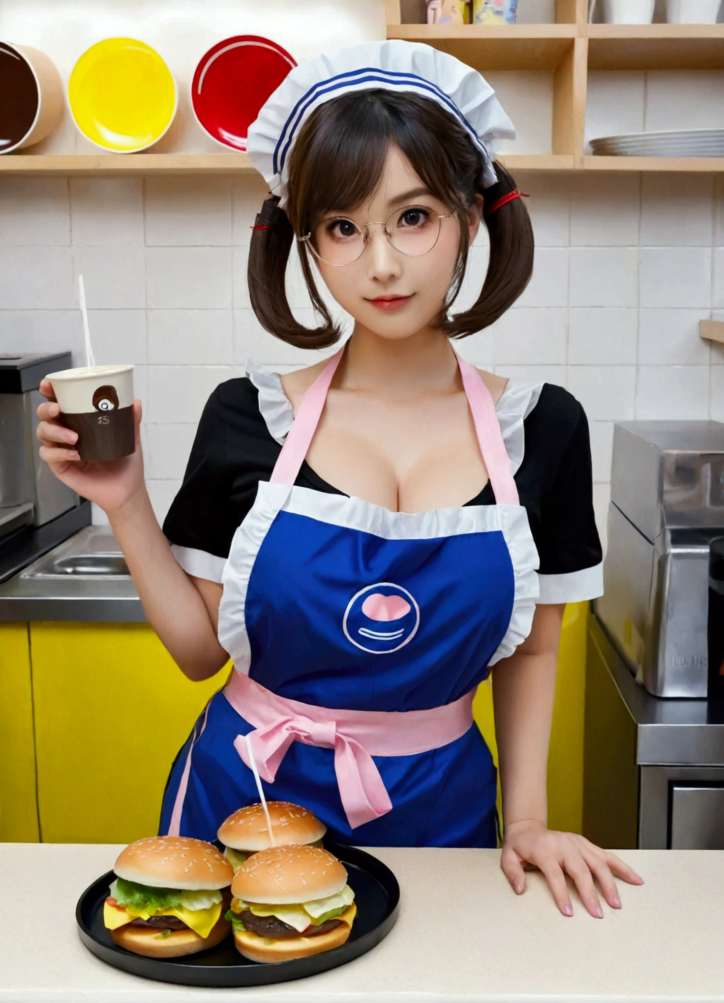 1girl,a lovely girl wearing black blouse and pink waist apron, black hair and long twin tails, parted bangs, behind McDonald’s counter, happy face, calling for clients to fetch the food on the counter, there are a hamburger, French fried, cup of coffee on the tray on the counter. Cheerful atmosphere. Chibi, adorable kawaii. PVC action figure, stunning photo. Delicate lighting and shadows of product photography, Best quality, ultra high res, disposable cup, nipples, looking at viewer, nervous sweating, sweat, apron, discord logo, black eyes, nipple slip, implied yuri, waist apron, bendy straw, downblouse, huge breasts, artist name, maid headdress, cleavage, glasses, medium hair, covered nipples, sideboob, no bra, w arms, solo, breasts, tray,masterpiece, (nsfw:0.5)