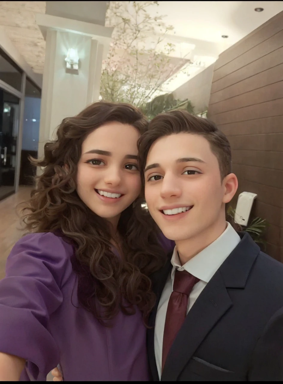 young long curly hair woman in a purple dress and young man in a suit hugging each other looking at the photo