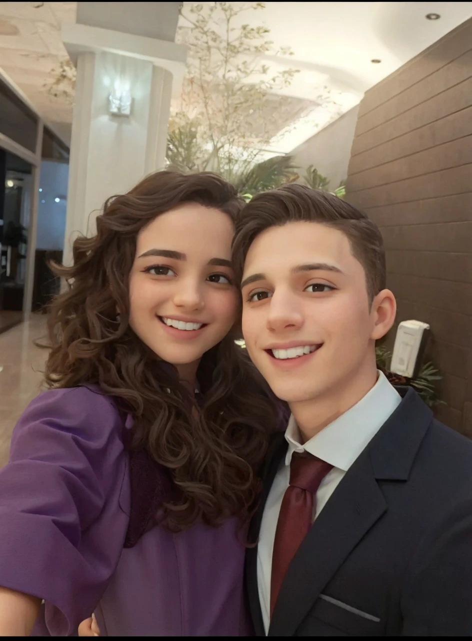 young long curly hair woman in a purple dress and young man in a suit hugging each other looking at the photo