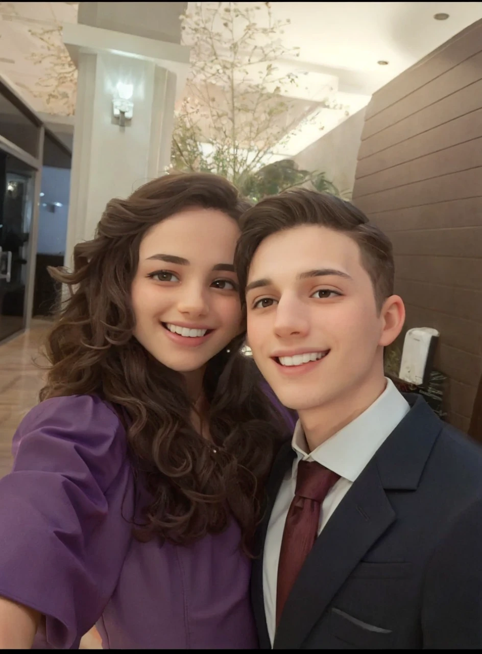 young long curly hair woman in a purple dress and young man in a suit hugging each other looking at the photo