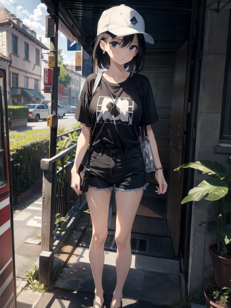absurdres, RAW photo, extremely delicate and beautiful, masterpiece, Best Quality, ultra high resolution, 32k, hyperrealistic, ultra-detailed, perfect figure, in her 20s, very small head, very small face, delicate facial features, tearful mole, earring, very huge breasts, full body shot, medium hair, black hair, baseball cap, black T-shirt, cargo shorts,