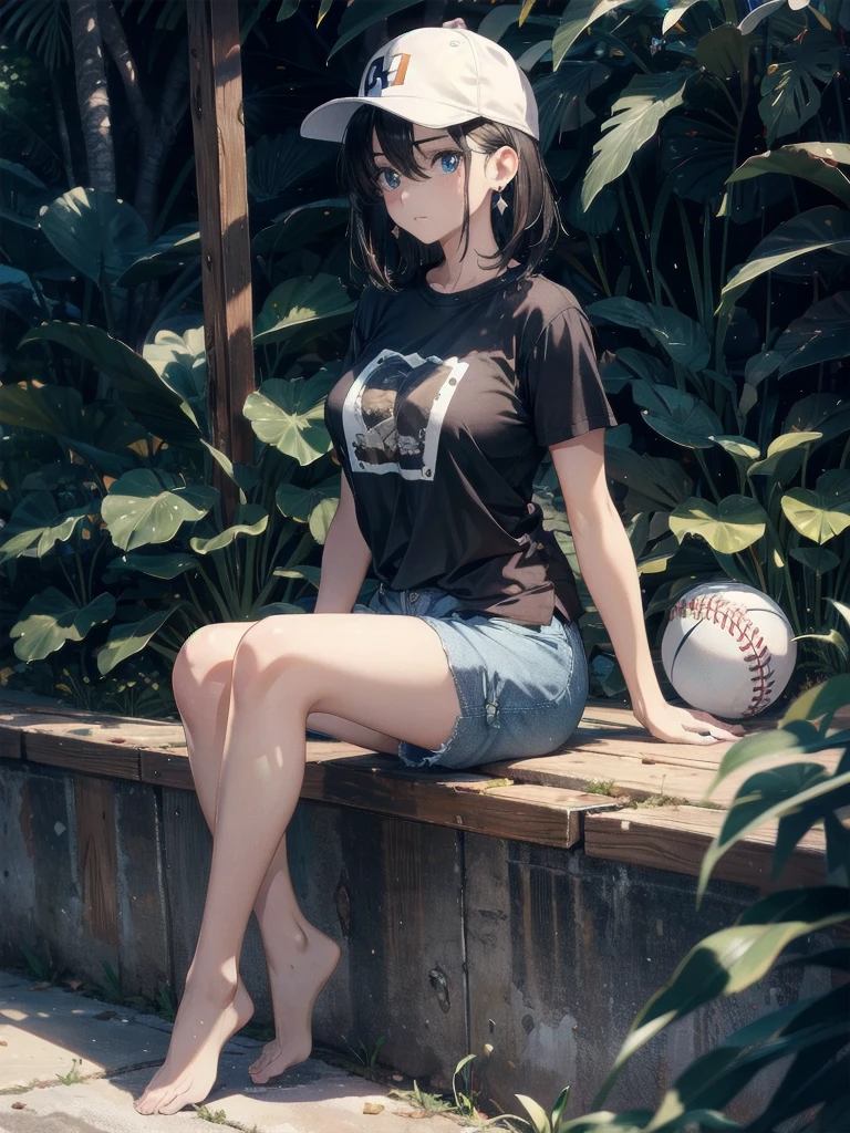 absurdres, RAW photo, extremely delicate and beautiful, masterpiece, Best Quality, ultra high resolution, 32k, hyperrealistic, ultra-detailed, perfect figure, in her 20s, very small head, very small face, delicate facial features, tearful mole, earring, very huge breasts, full body shot, medium hair, black hair, baseball cap, black T-shirt, cargo shorts,