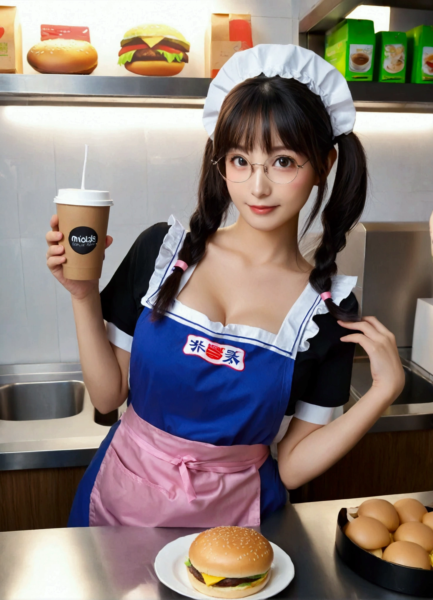 1girl,a lovely girl wearing black blouse and pink waist apron, black hair and long twin tails, parted bangs, behind McDonald’s counter, happy face, calling for clients to fetch the food on the counter, there are a hamburger, French fried, cup of coffee on the tray on the counter. Cheerful atmosphere. Chibi, adorable kawaii. PVC action figure, stunning photo. Delicate lighting and shadows of product photography, Best quality, ultra high res, disposable cup, , looking at viewer, nervous sweating, sweat, apron, discord logo, black eyes,  slip, implied yuri, waist apron, bendy straw, downblouse, huge , artist name, maid headdress, cleavage, glasses, medium hair, covered , sideboob, no bra, w arms, solo, , tray,masterpiece, (:0.5)