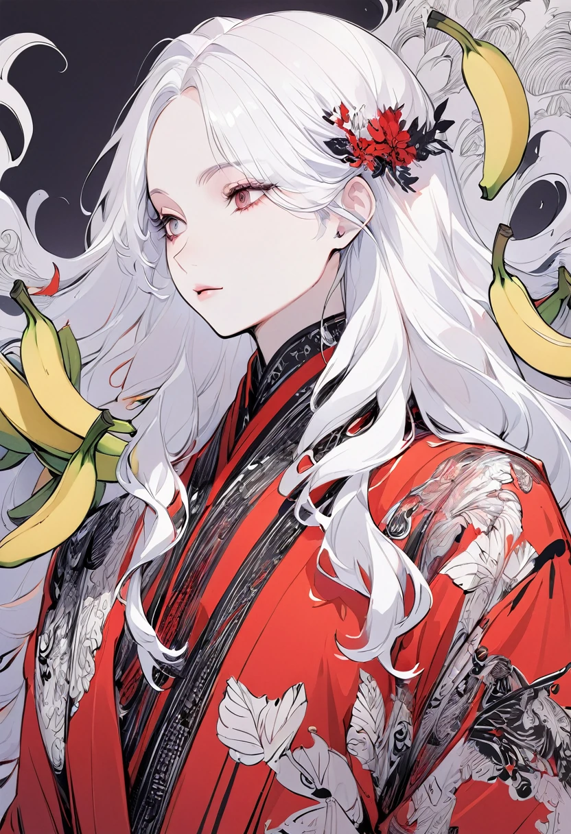 Hand drawn illustrations,Clean background,A woman,White long hair,Wearing a red robe with dark patterns,The body is supported by bananas,Strong contrast