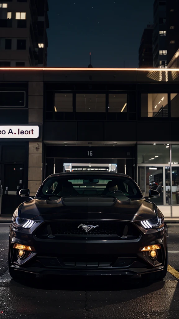 Ford Mustang GT color negro, in the city at night