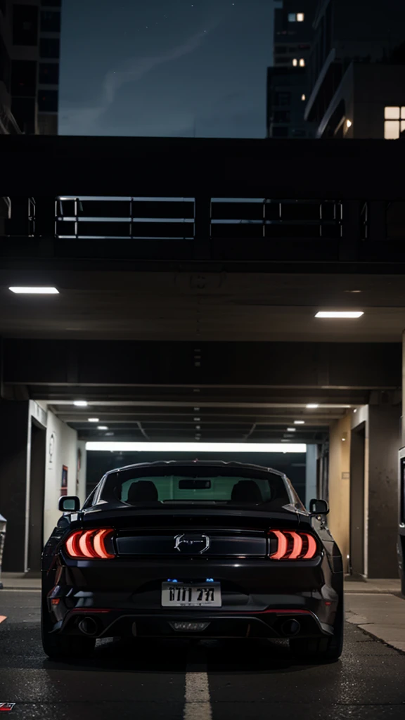 Ford Mustang GT color negro, in the city at night