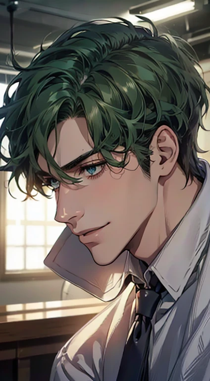 (Highest quality,4K,8K,High resolution,masterpiece:1.2),Super detailed,(Realistic,photoRealistic,photo-Realistic:1.37),1 person,31 years old,Mature Men,Beautiful skin、Profile、very handsome,Expressionless,smile,Shor green hair,blue eyes,Sharp Eyes,A perfect face without a doubt,Businessman,Office Background,Cinema Lighting,HDR image,tie、