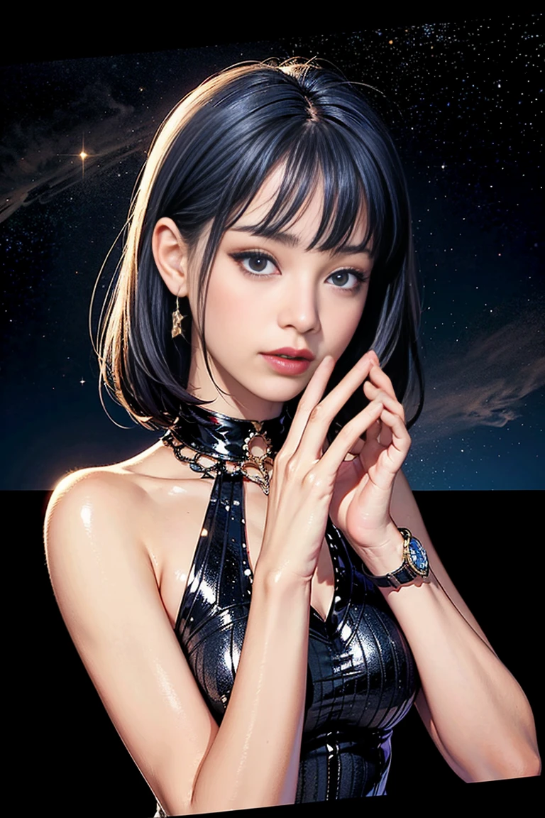 ( Absurd , high quality , Super detailed, Watch your hands )Zodiac sign - Goddess of Sagittarius , Similar to the goodness of Latin . Optimistic, fair, Funny and intelligent face . recklessness, Ruthless, impatient, Overconfident style . Dark blue eyes (Eye details) , Sparkling deep blue hair , Transparent Dress , In the sea of shining stars , whole body , Nature of fire , God Chiron