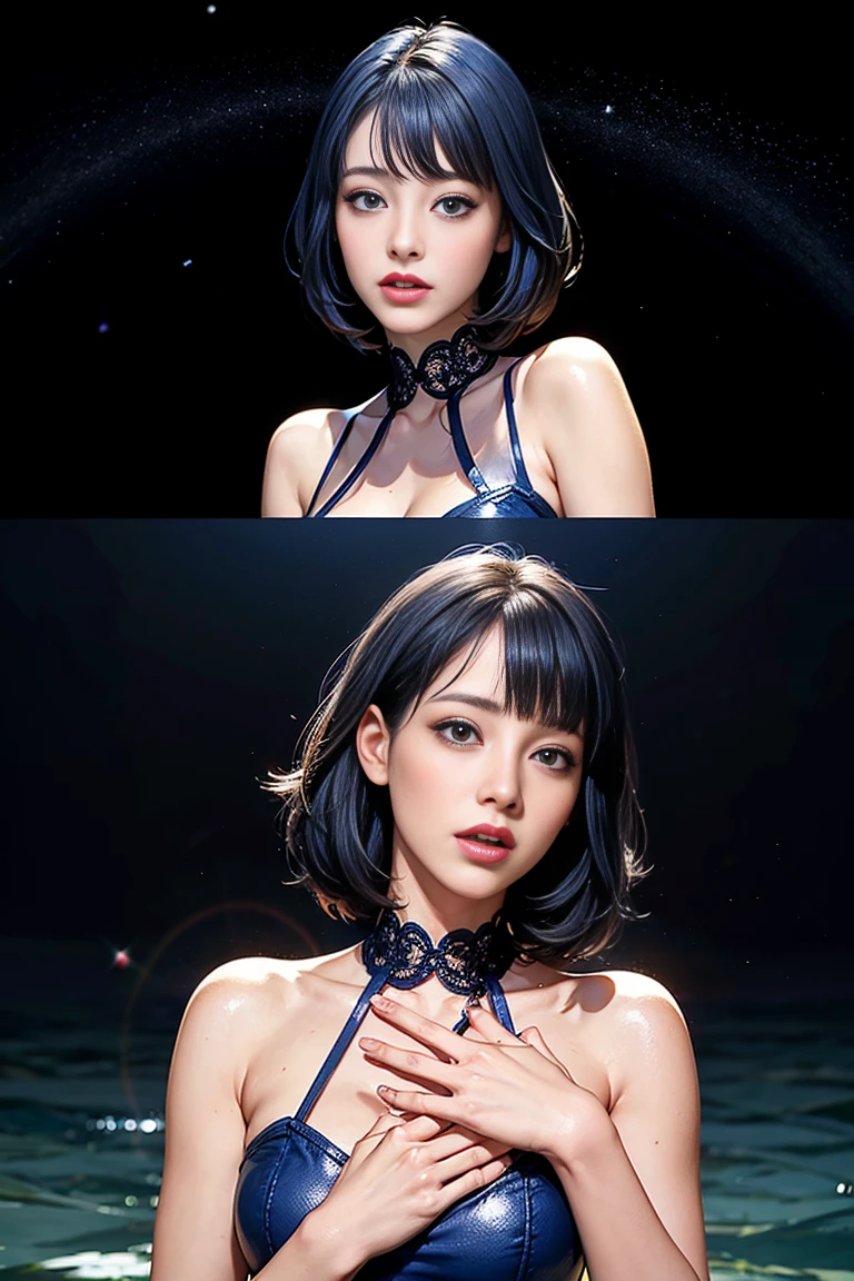 ( Absurd , high quality , Super detailed, Watch your hands )Zodiac sign - Goddess of Sagittarius , Similar to the goodness of Latin . Optimistic, fair, Funny and intelligent face . recklessness, Ruthless, impatient, Overconfident style . Dark blue eyes (Eye details) , Sparkling deep blue hair , Transparent Dress , In the sea of shining stars , whole body , Nature of fire , God Chiron