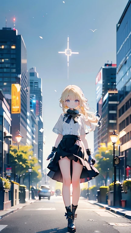 Low angle,from low,((work of art, higher resolution,best qualityer)), (beautiful illustration), ((1 girl,cute,Youngh,beautiful semi long blonde hair,rhombus stripe,gorgeous eyes)),(standing alone),(beautiful elegant office blouse and black skirt),(gazing at viewer), (walking around the Flower Park),
innocent smirk, white above the knees,Lace chalk, bracelet, gloves fingerless, above the knees,
Lace chalk, colar de giornomantes,bracelet, gloves fingerless, aretes, cinematic lighting, Flower Park,big city,busy street,giorno,blue sky,flowers and trees,overcrowded,