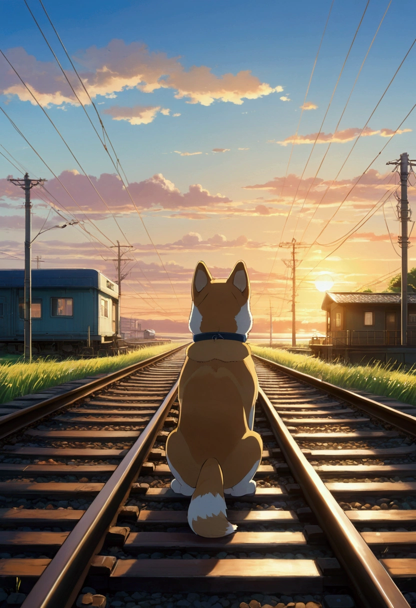 Makoto Shinkai Taste, Beautiful Landscape, Shiba Inu puppy from behind, Healing scenes, Full of hope, Detailed Description, Beautiful sunrise, Angle from afar, The sea at the end of the road, train tracks, Soft Light, 

