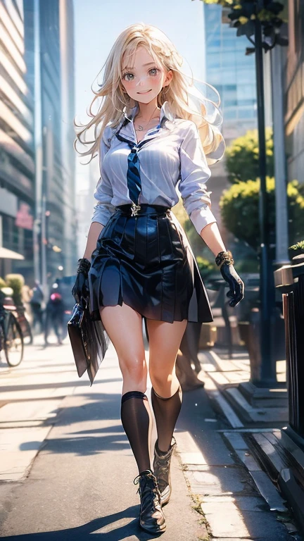 Low angle,from low,((work of art, higher resolution,best qualityer)), (beautiful illustration), ((1 girl,cute,Youngh,beautiful semi long blonde hair,rhombus stripe,gorgeous eyes)),(standing alone),(beautiful elegant office blouse and black skirt),(gazing at viewer), (walking around the Flower Park),
innocent smirk, white above the knees,Lace chalk, bracelet, gloves fingerless, above the knees,
Lace chalk, colar de giornomantes,bracelet, gloves fingerless, aretes, cinematic lighting, Flower Park,big city,busy street,giorno,blue sky,flowers and trees,overcrowded,