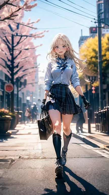 Low angle,from low,((work of art, higher resolution,best qualityer)), (beautiful illustration), ((1 girl,cute,Youngh,beautiful semi long blonde hair,rhombus stripe,gorgeous eyes)),(standing alone),(beautiful elegant office blouse and black skirt),(gazing at viewer), (walking around the Flower Park),
innocent smirk, white above the knees,Lace chalk, bracelet, gloves fingerless, above the knees,
Lace chalk, colar de giornomantes,bracelet, gloves fingerless, aretes, cinematic lighting, Flower Park,big city,busy street,giorno,blue sky,flowers and trees,overcrowded,