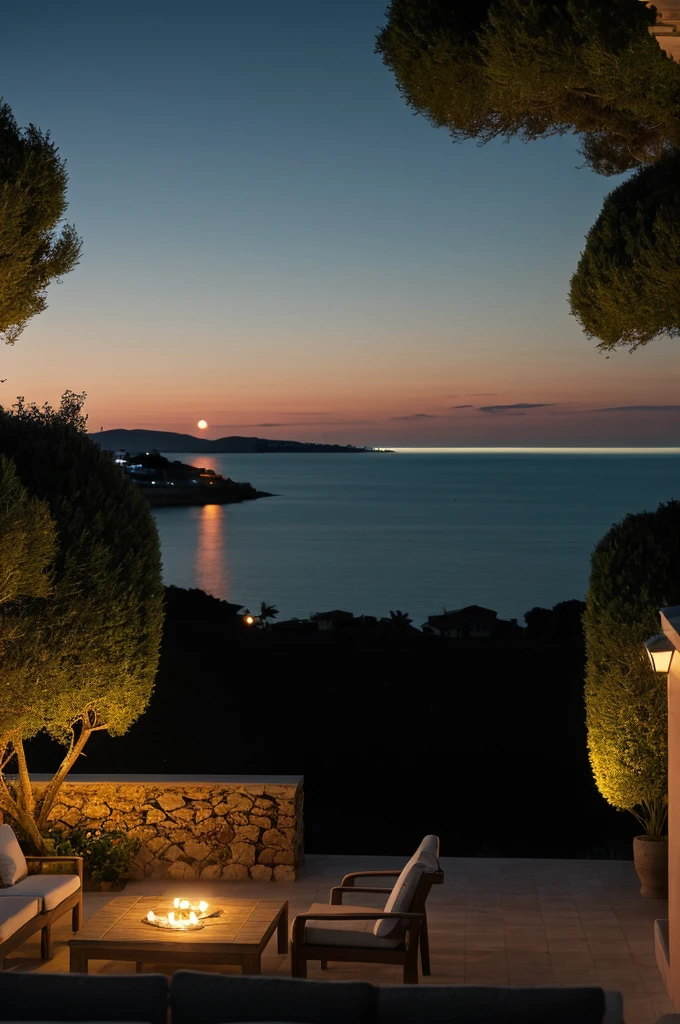 Sea of night,field,View from the villa,Realistic,More realistic,Seaside terrace,8K Ultra HD, Digital SLR, Party Venue,Midnight Sea,View from the terrace,There is no moon in the sky