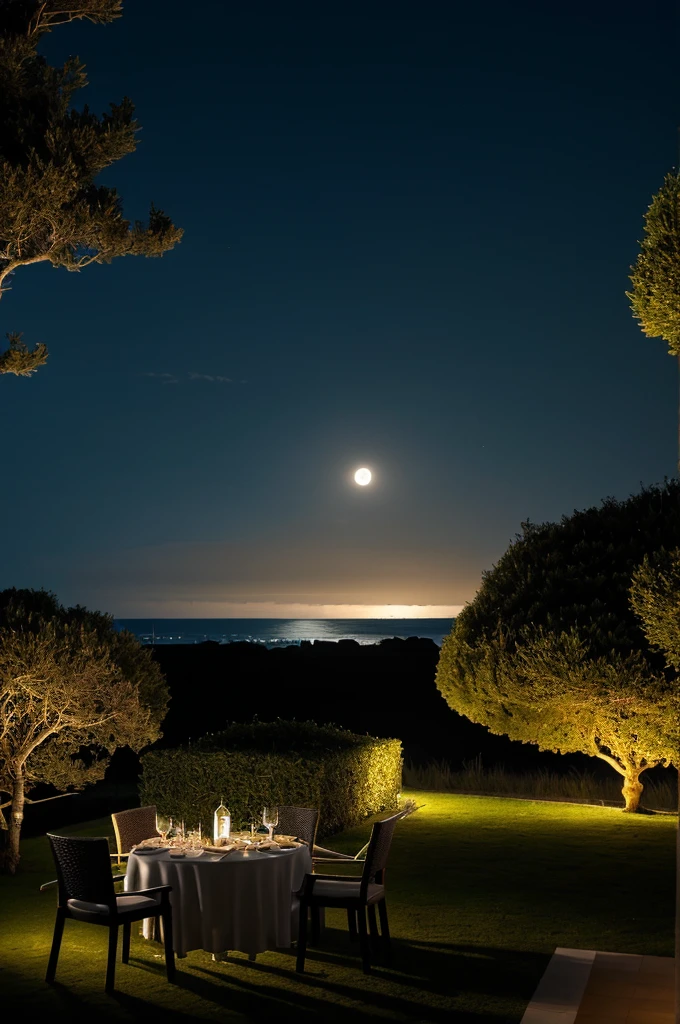 Sea of night,field,View from the villa,Realistic,More realistic,Seaside terrace,8K Ultra HD, Digital SLR, Party Venue,Midnight Sea,View from the terrace,There is no moon in the sky
