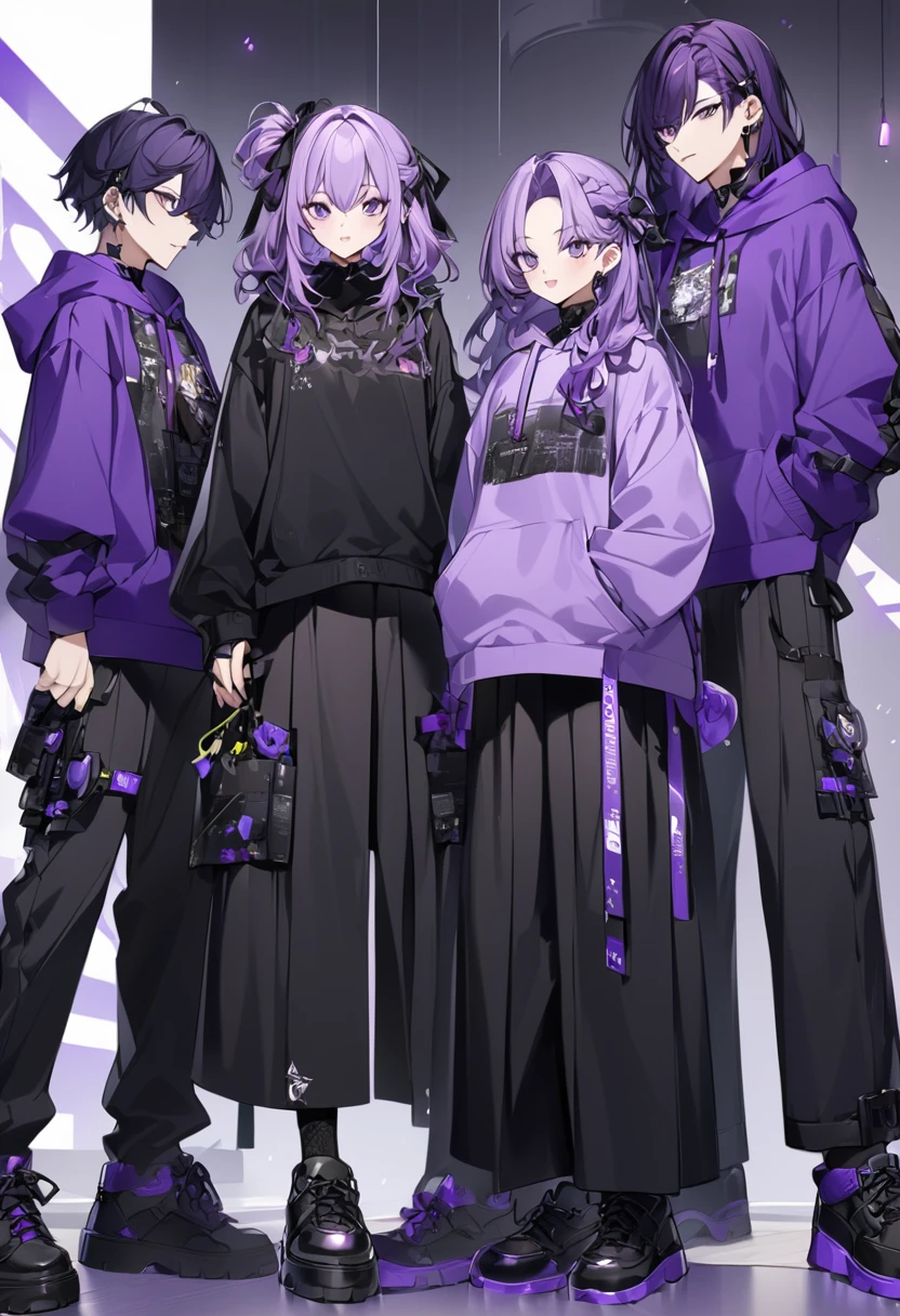 Kate。Purple Eyes。Purple Hair。Purple hoodie。Black Skirt。Black shoes下。Black shoes。female。There are also guys。Hair is purple、Purple Eyes。Purple hoodie。These are black long pants、Black shoes下。Black shoes