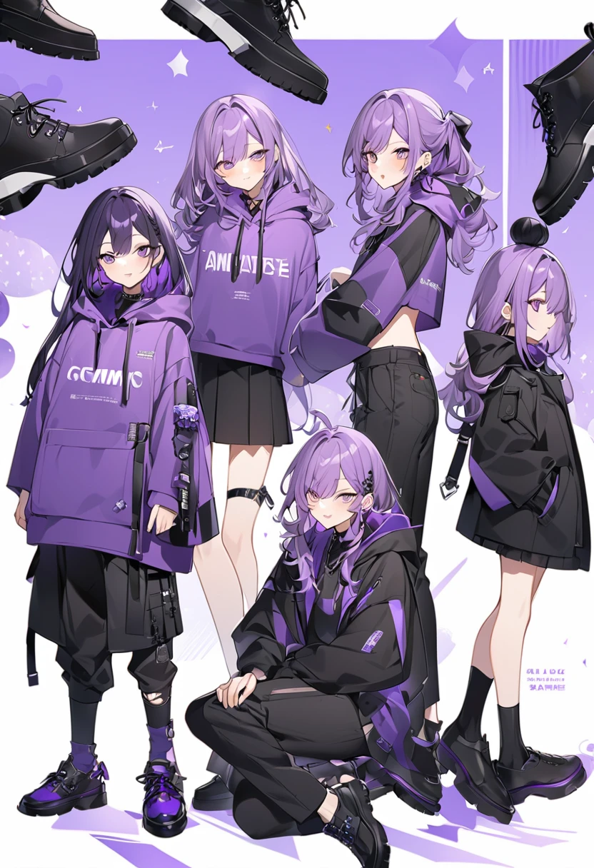 Kate。Purple Eyes。Purple Hair。Purple hoodie。Black Skirt。Black shoes下。Black shoes。female。There are also guys。Hair is purple、Purple Eyes。Purple hoodie。These are black long pants、Black shoes下。Black shoes