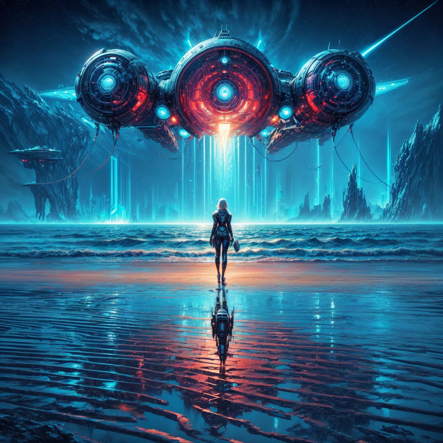 a woman standing on the beach looking at a futuristic spaceship, sci-fi digital art, greg beeple, sci fi art, futuristic art, sci fi artwork, artgem and beeple masterpiece, beeple daily art, beeple artwork, sci-fi art, sci - fi art, science fiction digital art, beeple art