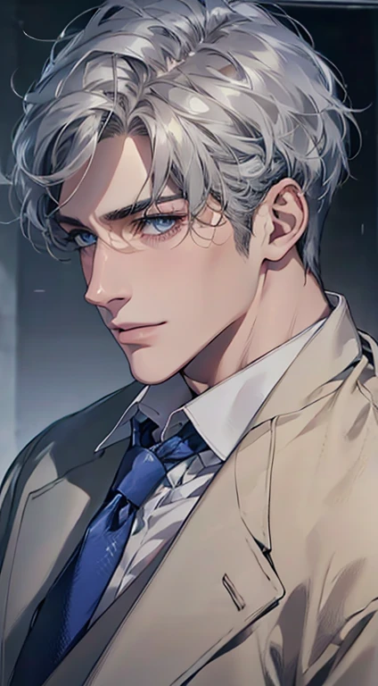 (Highest quality,4K,8K,High resolution,masterpiece:1.2),Super detailed,(Realistic,photoRealistic,photo-Realistic:1.37),1 person,31 years old,Mature Men,Beautiful skin、Profile、very handsome,Expressionless,smile,Short silver hair,blue eyes,Sharp Eyes,A perfect face without a doubt,Businessman,Office Background,Cinema Lighting,HDR image,tie、