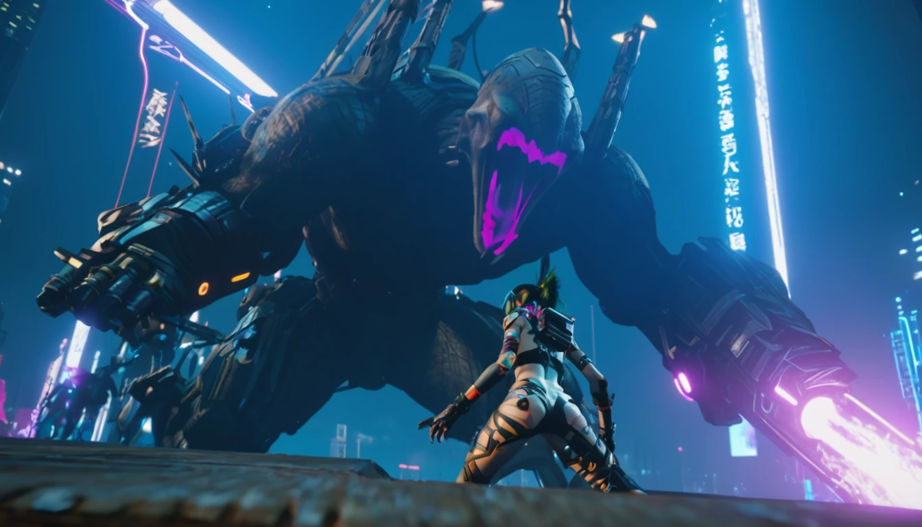 Dungeons、The moment when a giant enemy is defeated with a special move、Zoomed-in image、cyber punk