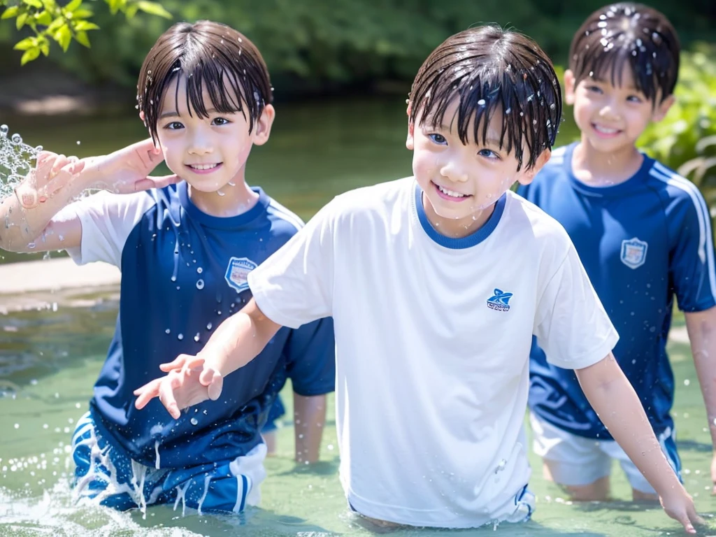 In the forest、Swimming in the river、Cool and refreshing water、Cute elementary school boy、１０Year old boy、Boy in gym clothes、The bottom of the white T-shirt is blue、Blue shorts、The boys are playing、Get wet all over、Noisy boys、Splashing Water、Japanese、（Boy 1.4）
